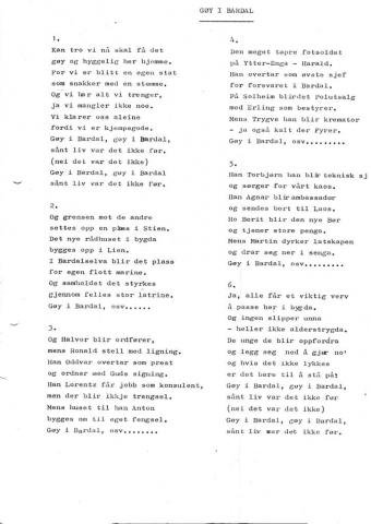 Dette er originalteksten til revyvisa Gøy i Bardal  Fra en revy ca 1981-82